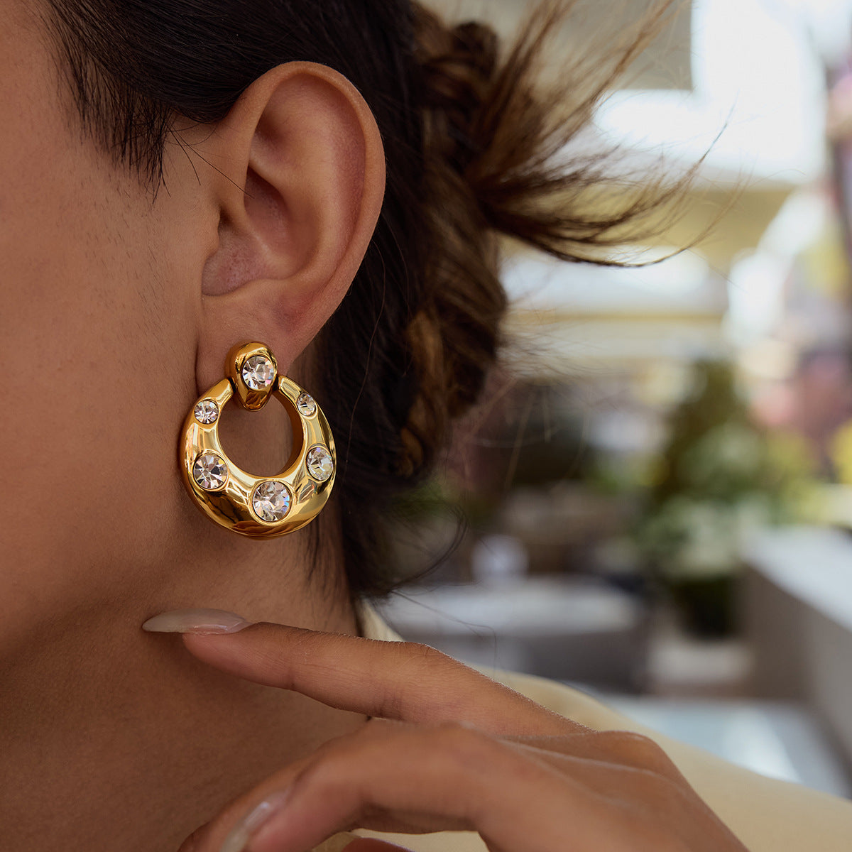 Gold-Tone Cubic Zirconia Stainless Steel Stud Earrings with cubic zirconia design details