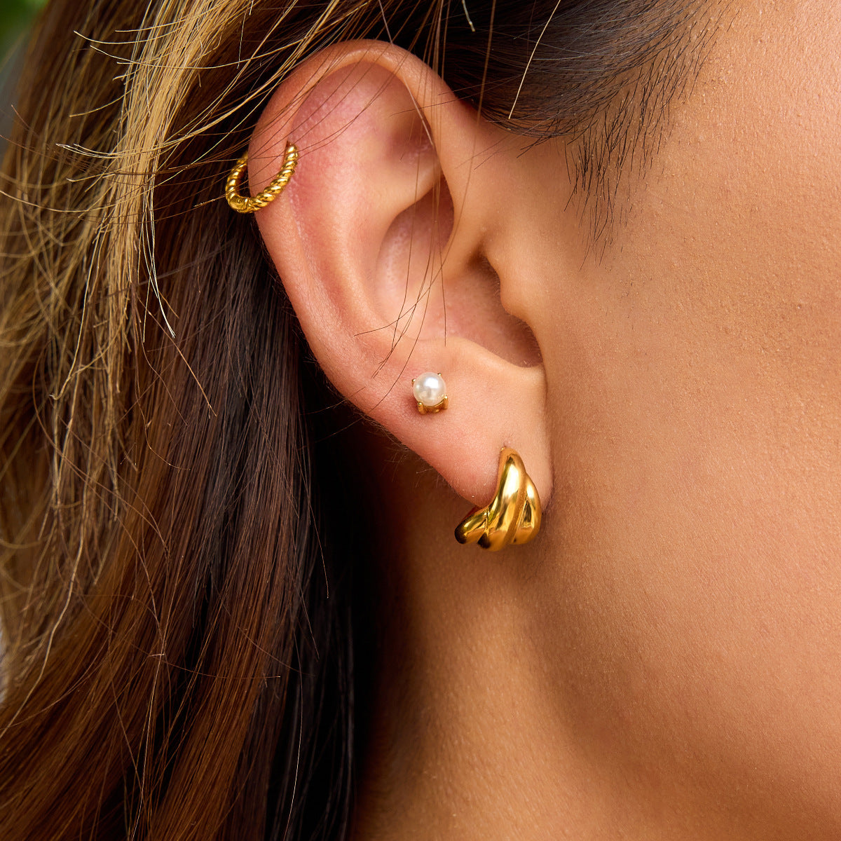 Gold-Tone Stainless Steel Pearl Hoop Earrings featuring pearl detailing