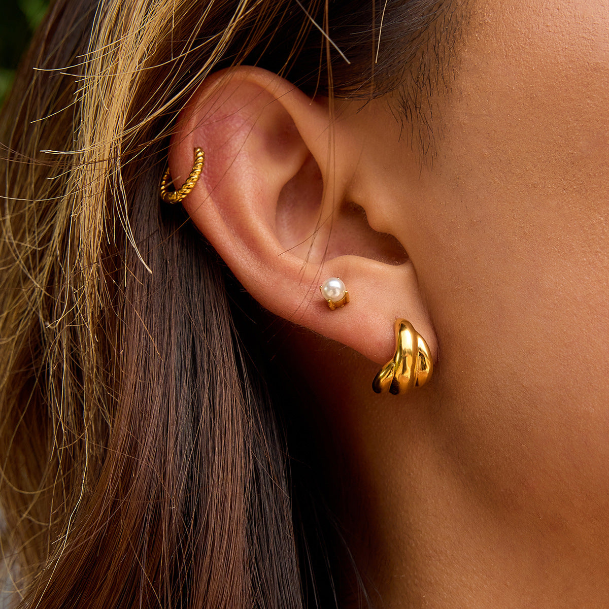 Gold-Tone Stainless Steel Pearl Hoop Earrings with pearl design details