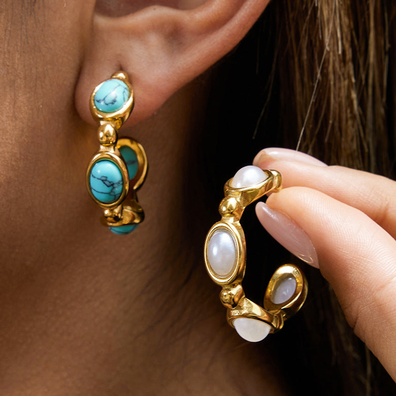 Gold-Tone Turquoise Pearl Stainless Steel Stud Earrings for boutique wholesale jewelry collections