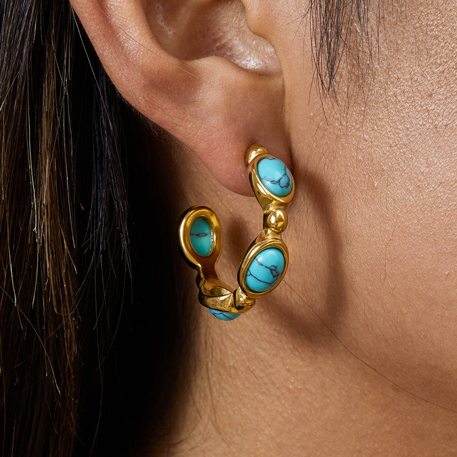 Gold-Tone Turquoise Pearl Stainless Steel Stud Earrings with turquoise design details