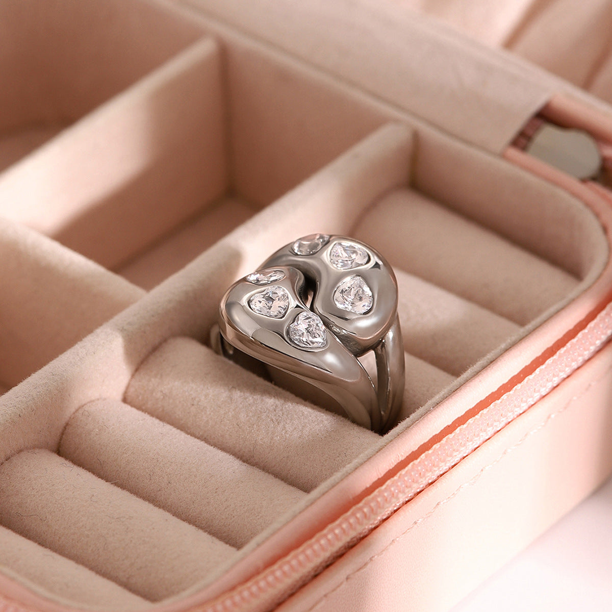 Gold-Tone Heart Cubic Zirconia Stainless Steel Ring with cubic zirconia design details