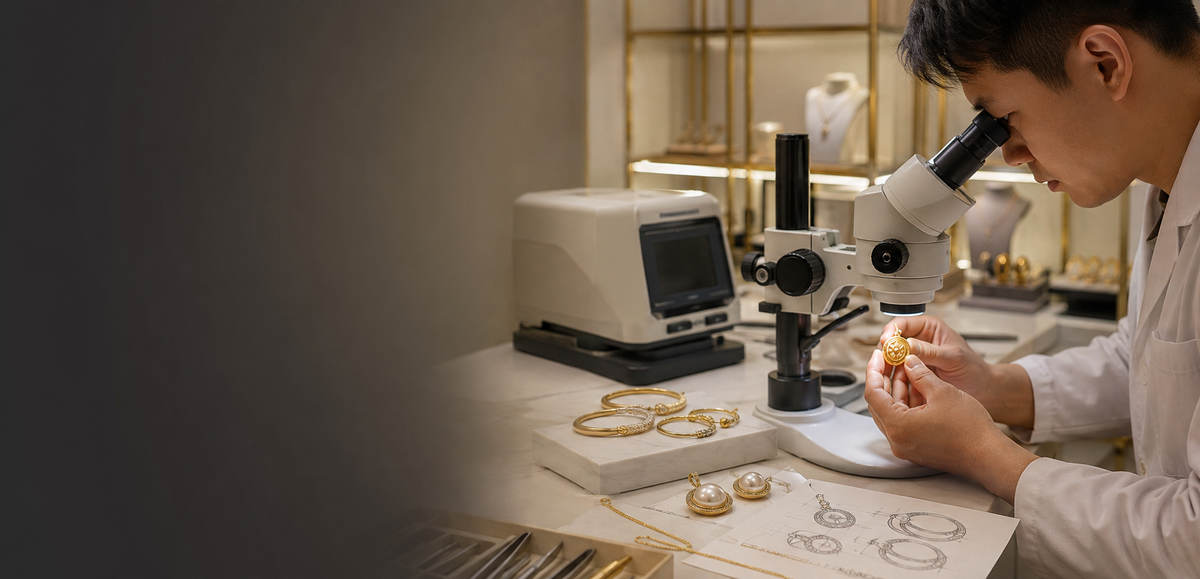 Jewelry manufacturer inspecting a gold pendant under a microscope beside an XRF testing instrument and wholesale jewelry production samples