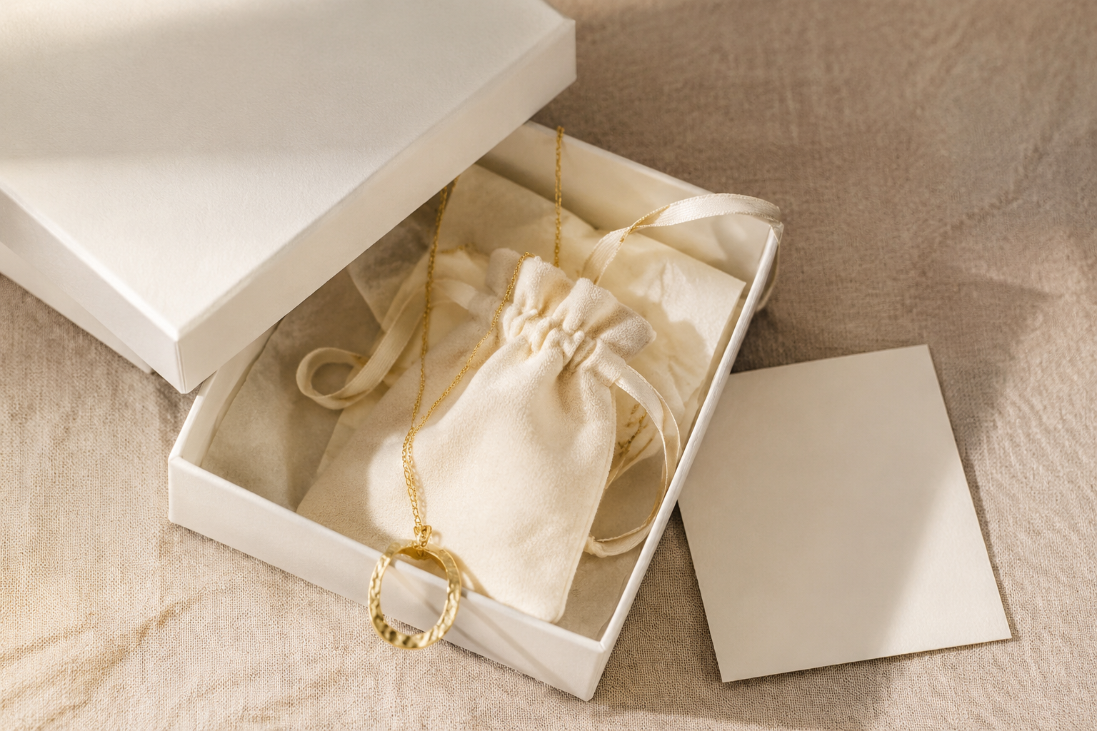 Private-label jewelry gift box, soft pouch and care card with a custom gold necklace