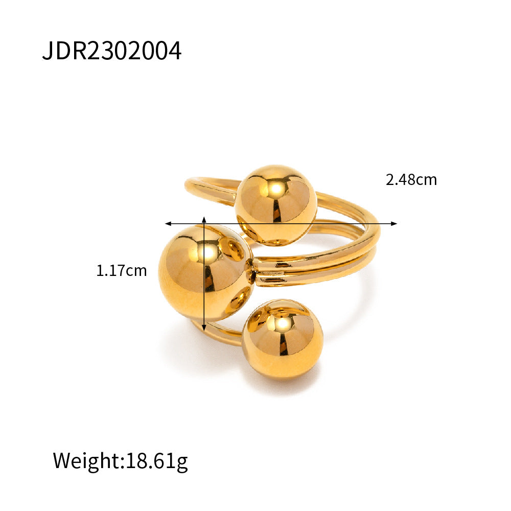 Sculptural Bead Open Stainless Steel Ring in 18K Gold-Tone with a beaded design profile