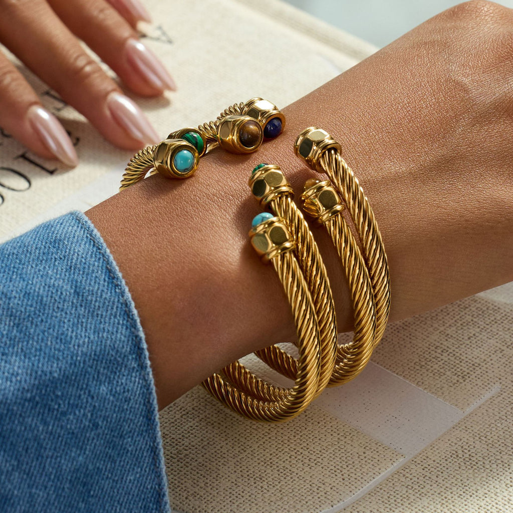 Gold-Tone Stainless Steel Cuff Bracelet with Stone Open Profile Detail featuring stone detailing