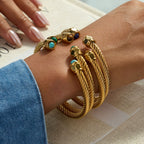 Gold-Tone Stainless Steel Cuff Bracelet with Stone Open Profile Detail featuring stone detailing