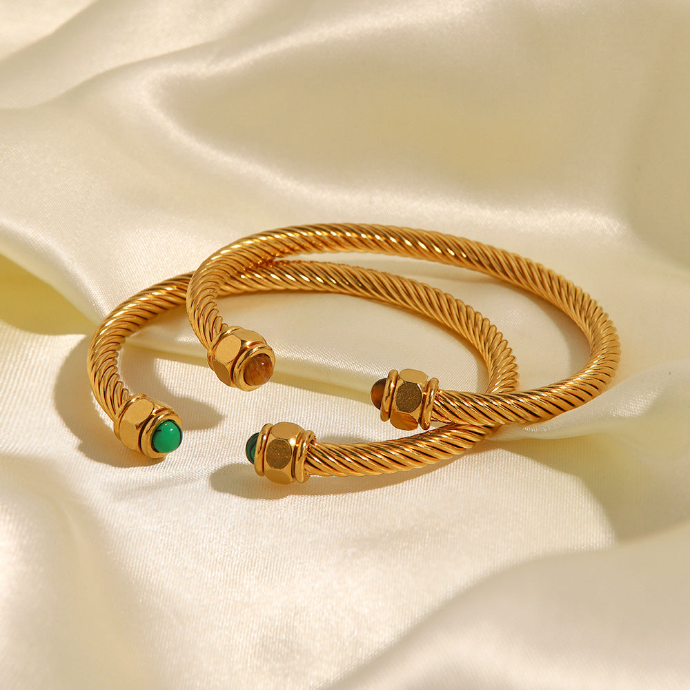 Gold-Tone Stainless Steel Cuff Bracelet with Stone Open Profile Detail with stone design details