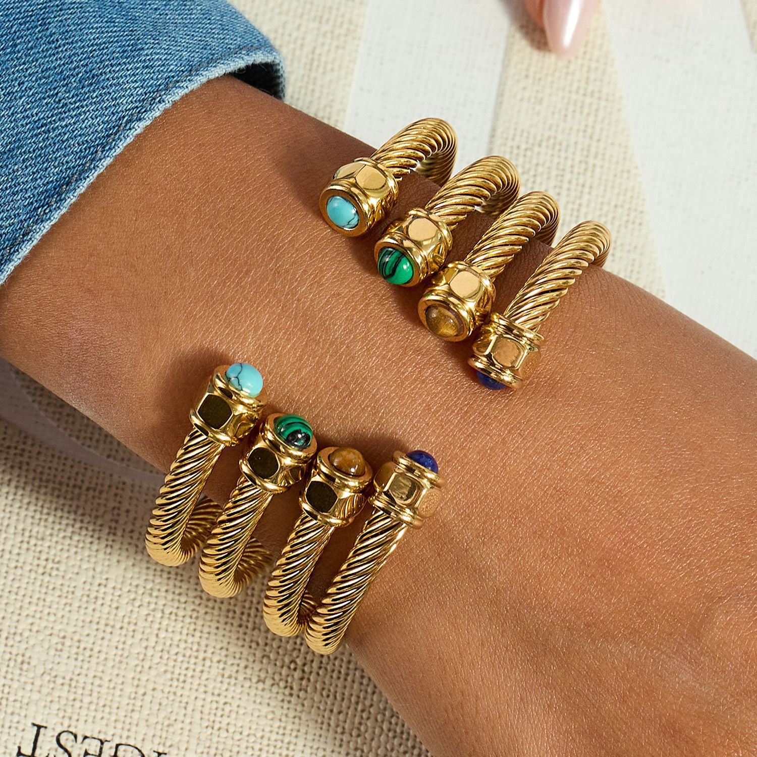 Gold-Tone Stainless Steel Cuff Bracelet with Stone Open Profile Detail for private-label fashion jewelry buyers