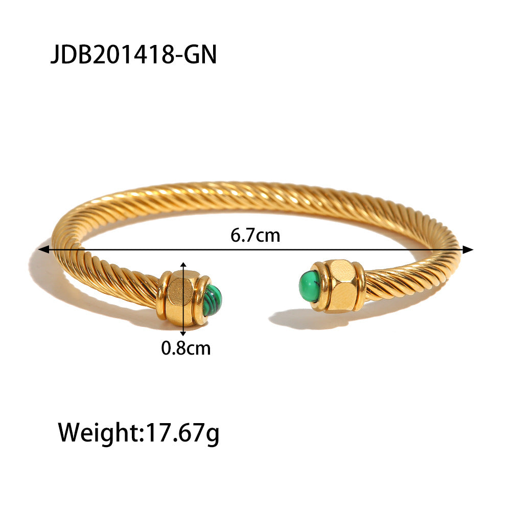 Gold-Tone Stainless Steel Cuff Bracelet with Stone Open Profile Detail styled for independent jewelry boutiques