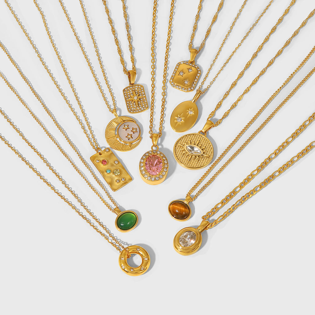 18K Gold-Tone Stainless Steel Cubic Zirconia Vintage Pendant Necklace with a stone design profile